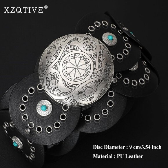 Woman's Western PU Leather Belts Concho Disc Wide Waist Belt Black Silver Buckle - Picture 2 of 6